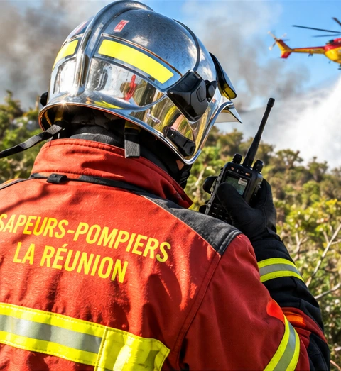 Sapeur-pompier de La Réunion équipé d’un portatif radio en intervention
