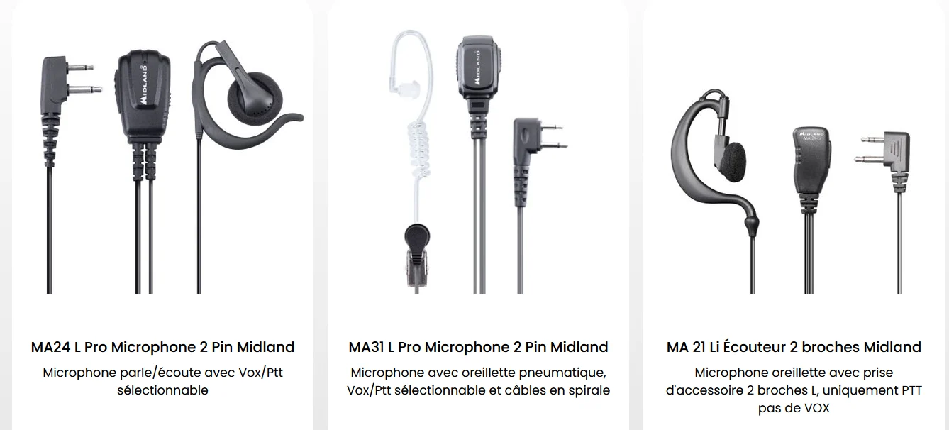 Différents modèles de microphones et oreillettes Midland